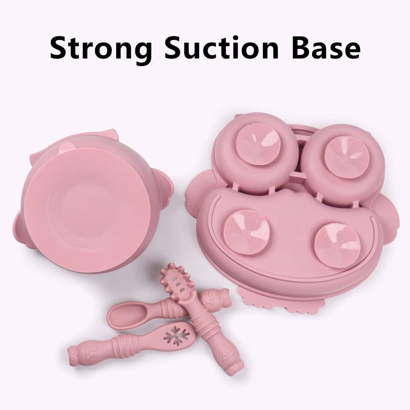 IDVVSSX Owl Shape Silicone Baby Feeding Set, Toddler Suction Plates and Bowls Set with Spoons, Kids Silicone Dinnerware Set Eating Utensils, Pink - Image 3